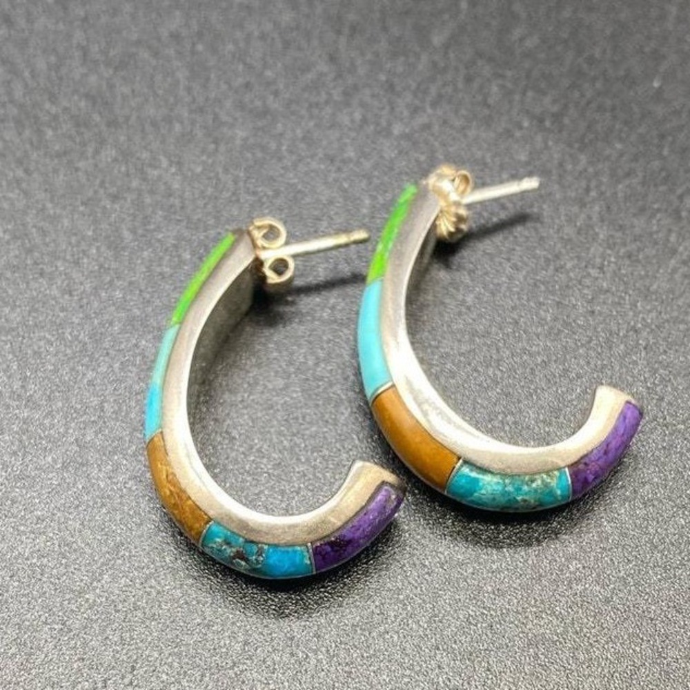 Southwestern Sterling Silver Multi Stone Inlay J-Hoop‎ Earrings Turquoise